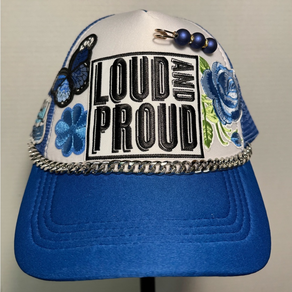 Blue and White Embroidered Cap with Chain Detail